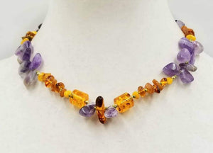 "The Bold & The Beautiful'" 14KYG, amethyst & vintage Baltic amber necklace, hand-knotted with moss green silk. 17.75" length.