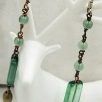 Past Work. Green art glass & copper long dangle earrings. Sterling silver hooks for pierced ears. Sold.