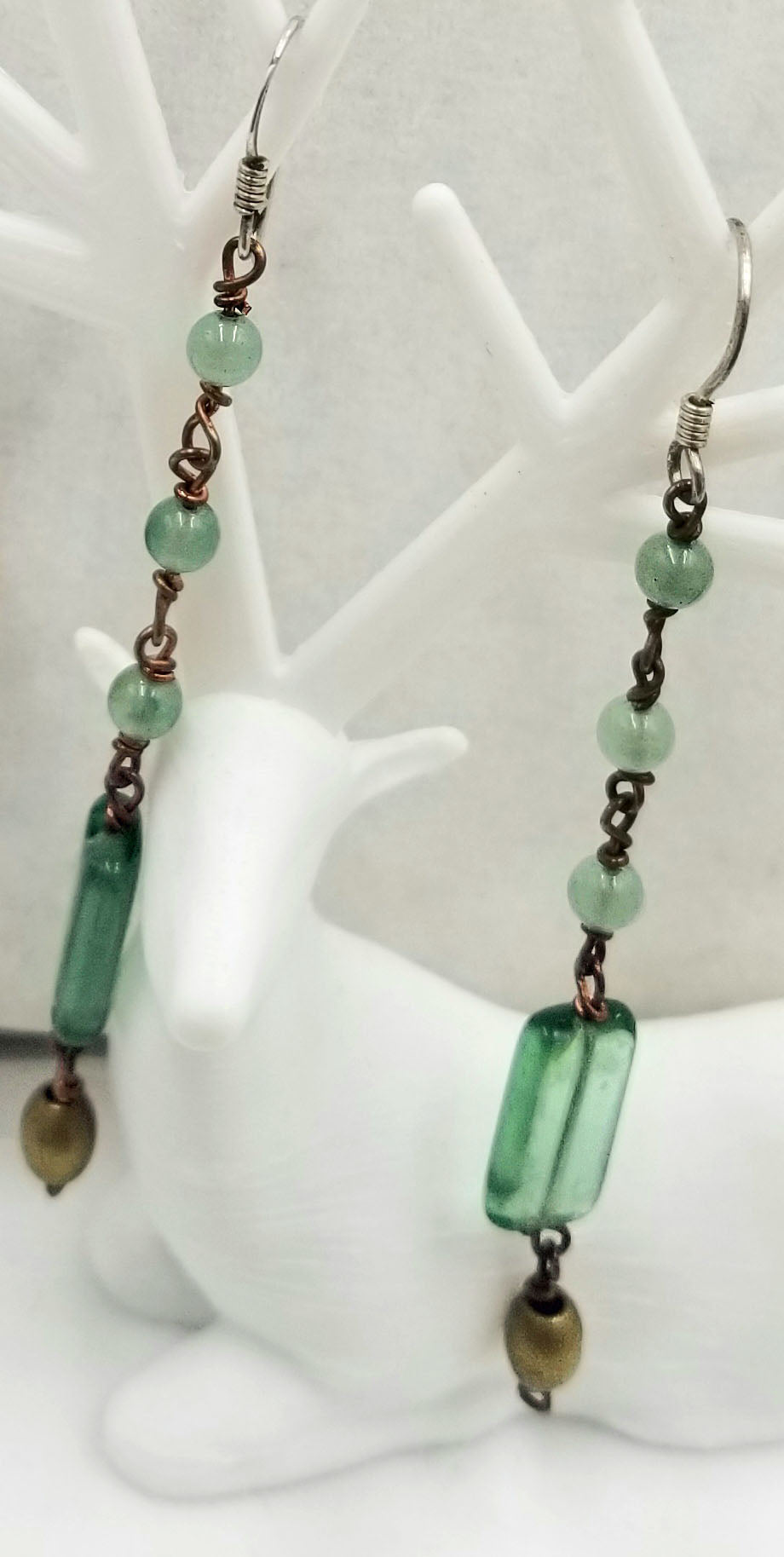 Past Work. Green art glass & copper long dangle earrings. Sterling silver hooks for pierced ears. Sold.