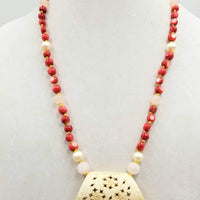Sterling silver, dyed mother of pearl, rose quartz & white pearl, bone pendant necklace, hand-knotted with golden silk.