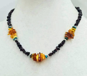 Past Work. Really special. You will get lots of compliments. Sterling silver, garnet, Baltic amber, turquoise necklace. Vegan. 18" length. Sold.