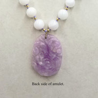 Lavender jadeite carved amulet with graduated white jadeite beads, 14KYG, necklace master hand-knotted periwinkle silk.