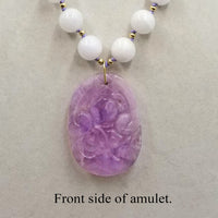 Lavender jadeite carved amulet with graduated white jadeite beads, 14KYG, necklace master hand-knotted periwinkle silk.