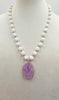 Lavender jadeite carved amulet with graduated white jadeite beads, 14KYG, necklace master hand-knotted periwinkle silk.