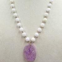 Lavender jadeite carved amulet with graduated white jadeite beads, 14KYG, necklace master hand-knotted periwinkle silk.