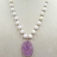 Lavender jadeite carved amulet with graduated white jadeite beads, 14KYG, necklace master hand-knotted periwinkle silk.