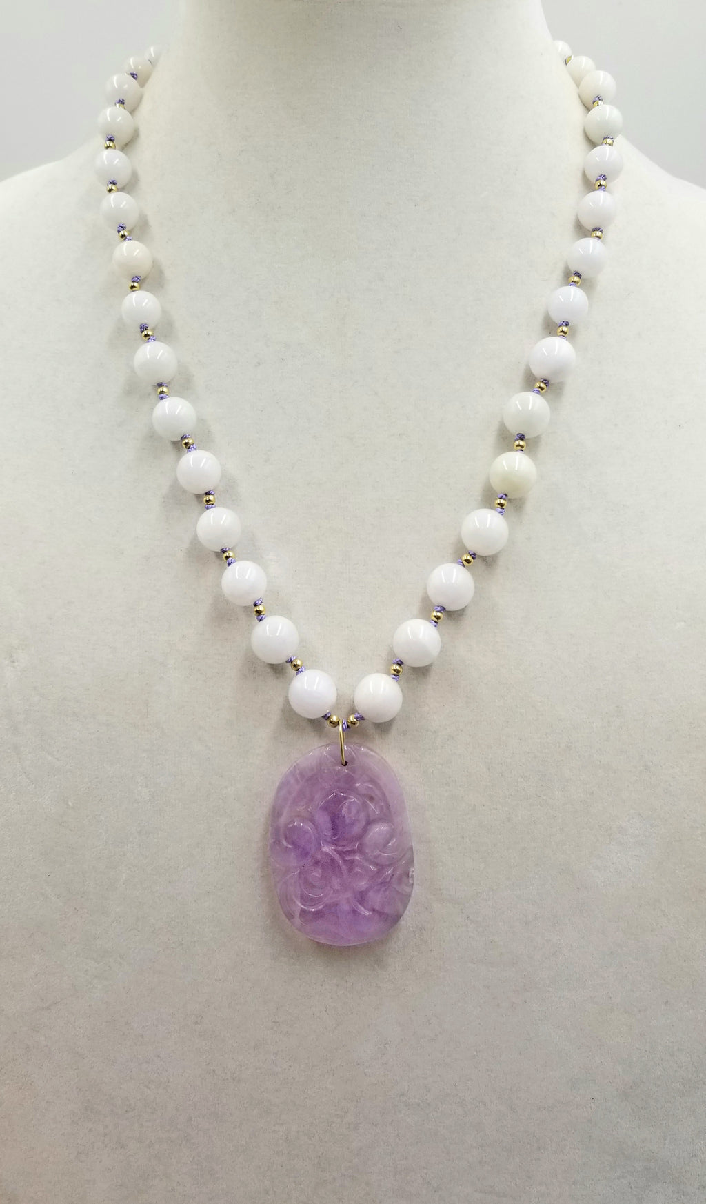 Lavender jadeite carved amulet with graduated white jadeite beads, 14KYG, necklace master hand-knotted periwinkle silk.