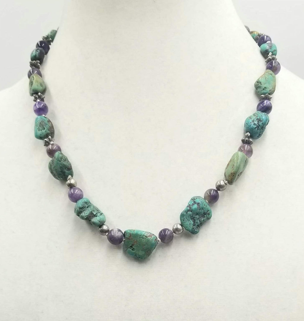 Lizards!!! Sterling silver, turquoise & amethyst necklace, hand-knotted white silk with sterling silver gecko clasp. 20" length.