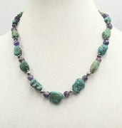 Lizards!!! Sterling silver, turquoise & amethyst necklace, hand-knotted white silk with sterling silver gecko clasp. 20" length.