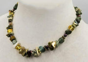 Bold, unisex necklace. Sterling silver, tiger's eye, pearl, unakite, aventurine necklace on silk. 16" Length.