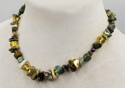 Bold, unisex necklace. Sterling silver, tiger's eye, pearl, unakite, aventurine necklace on silk. 16