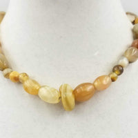 Vintage yellow agate, hand-knotted on silk, necklace with aventurine charm.