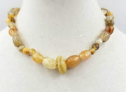 PRICE REDUCED Vintage yellow agate, hand-knotted on silk, necklace with aventurine charm.