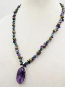 Adjustable, sterling silver, amethyst, jadeite, connemara marble necklace on Hand-knotted sky blue silk. 21"-22.5" length.