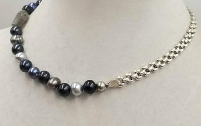 Absolutely stunning! Adjustable multi-color pearls, labradorite & sterling silver necklace on hand-knotted lavender silk. 15.5-19.75 inch length.