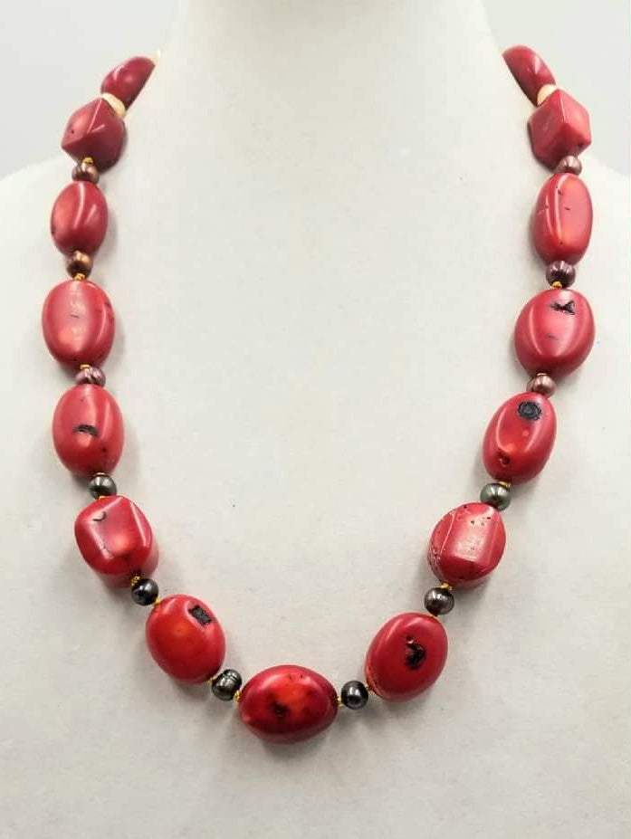 Bold, sterling silver, ombre pearl & coral necklace on hand-knotted golden silk. 29" length.