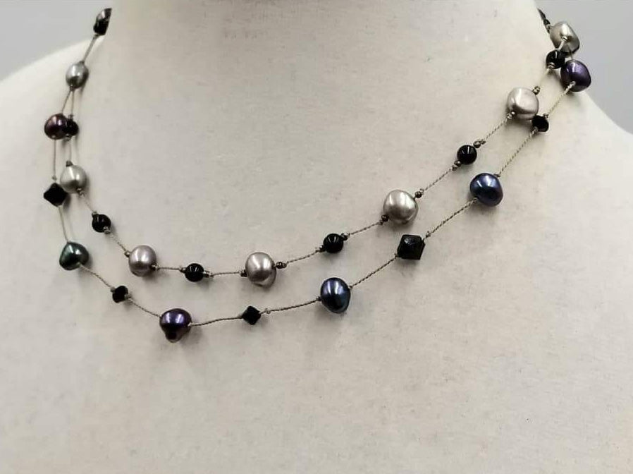 So delicate & sweet. Two-strand choker made with Swarovski elements, sterling silver & pearls.  15.5" length.