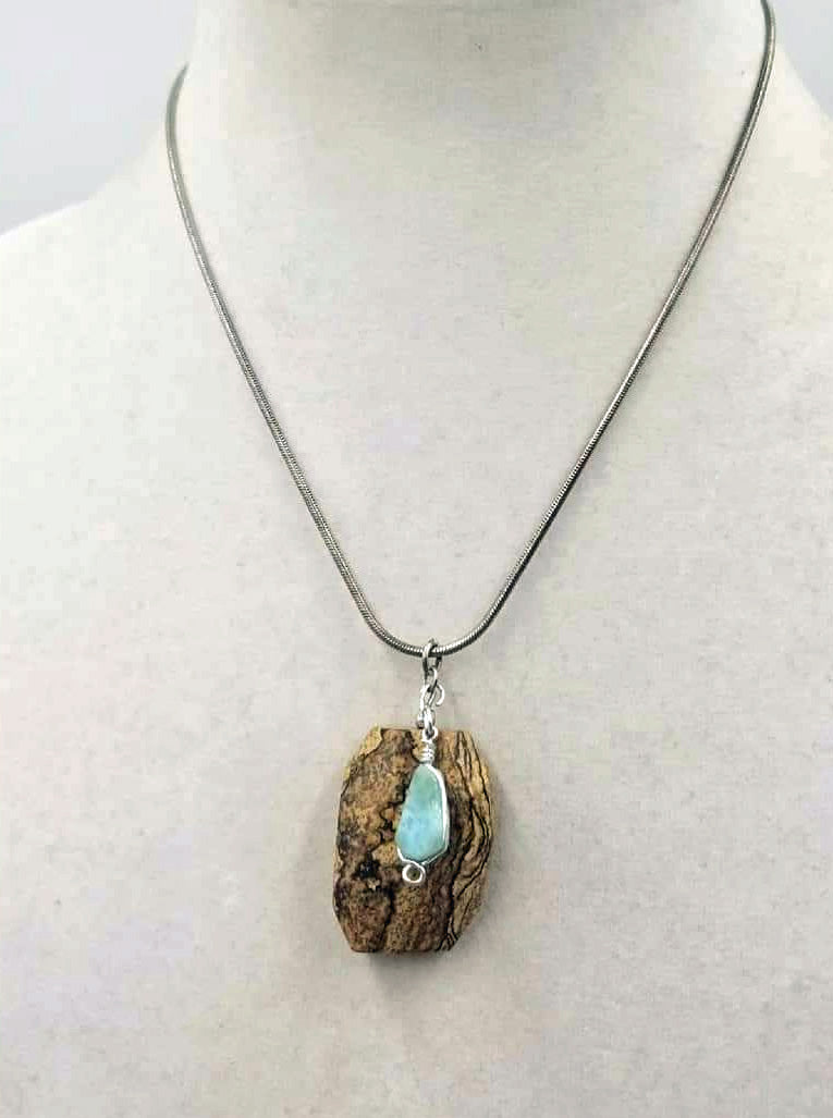 Unique necklace made from Sterling silver, picture jasper & Larimar pendant necklace. 16.5" length.