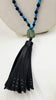 A Mala necklace of Imperial jasper, onyx, & vintage spinach nephrite, hand-knotted on verde silk, with a black leather tassel. Necklace 36" length &amp; 7" tassel.