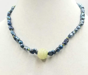 Unisex, Sterling silver, black baroque pearl & vintage carved nephrite jade focal necklace on moss green silk. 20" length.