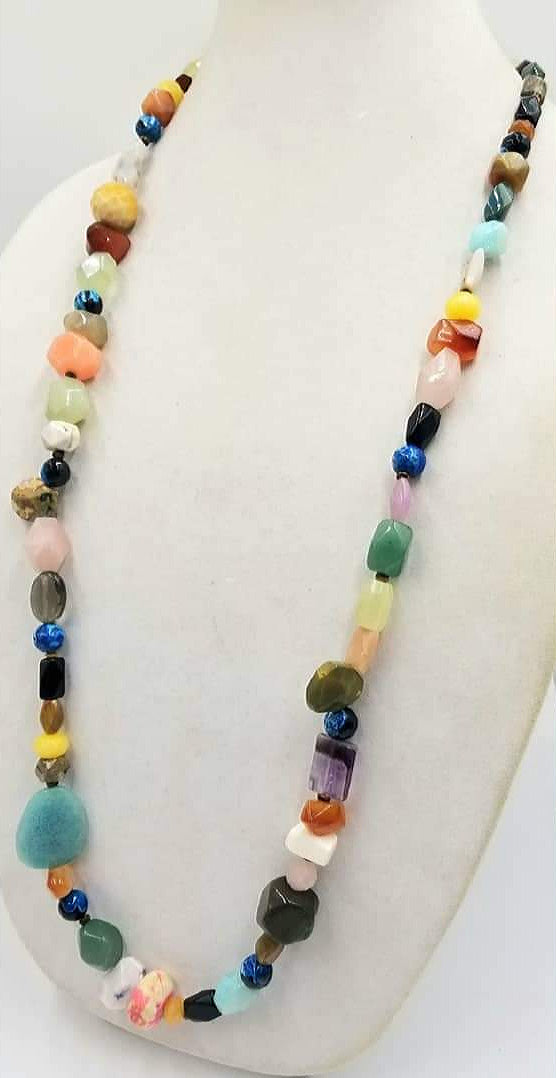 Sterling silver, faceted agate, jasper, tiger's eye, 37" long necklace.