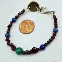 Vegan-wear. Sterling silver, garnet, blue jasper, & malachite bracelet. 7" length.