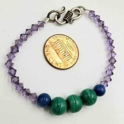 Past Work. Bold & delicate. Vegan-wear. Sterling Silver, Swarovski, malachite, & blue jasper bracelet. 6.5