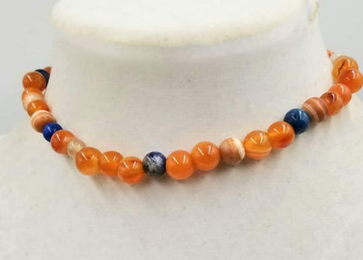 Bold choker necklace with carnelian, dyed shell, lapis lazuli, & agate. Goldfilled clasp. 13.5
