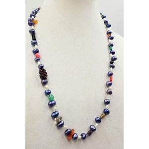 Beautiful, multi-color, multi-stone rope necklace, hand-knotted with sky blue silk. 26" length. See list of stones below.