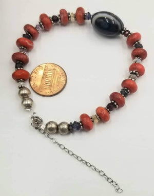 Adjustable, multi-stone, coral & sterling silver, bracelet with agate, amethyst, citrine, garnet, moonstone & iolite. 7.75" - 10".