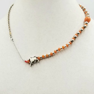 Love Horses? Sterling silver, orange aventurine, & silvertone horse charm, necklace hand-knotted with crimson silk. 19