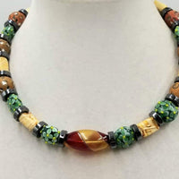 Vegan, Adjustable collar necklace of Sterling silver, art glass, hematite, with jasper anchor. 16.5" to 19" length.