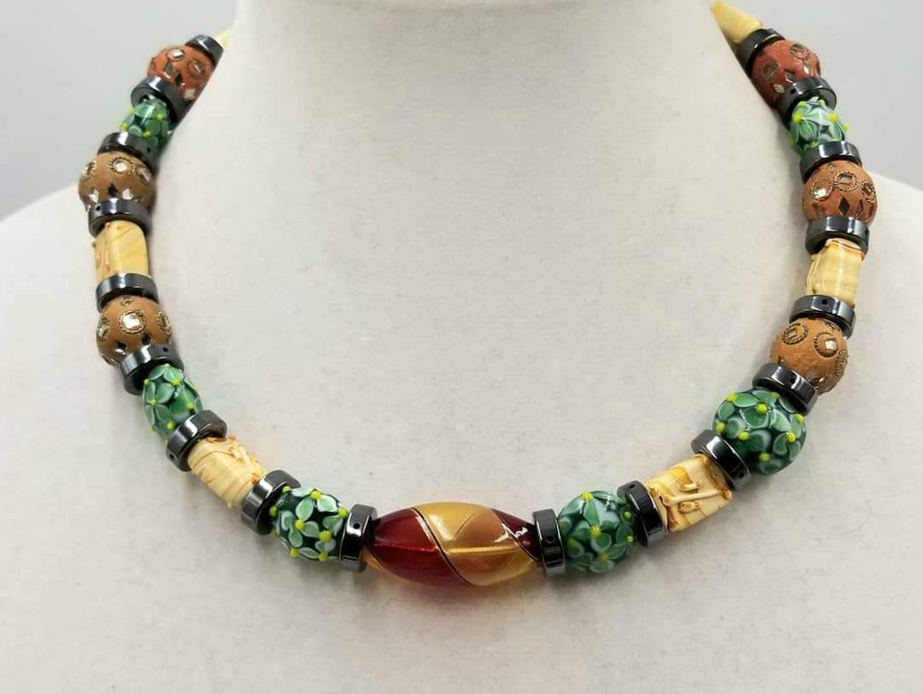 Vegan, Adjustable collar necklace of Sterling silver, art glass, hematite, with jasper anchor. 16.5" to 19" length.
