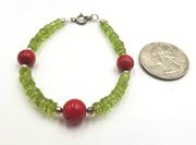 PRICE REDUCED! Peridot, coral, & sterling silver bracelet welcomes spring. Vegan-wear. 6.25" length.