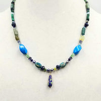 14K yellow gold, colorful multi-stone necklace with kyanite cloisonne pendant. 20-21.5" length. See list of stones below.