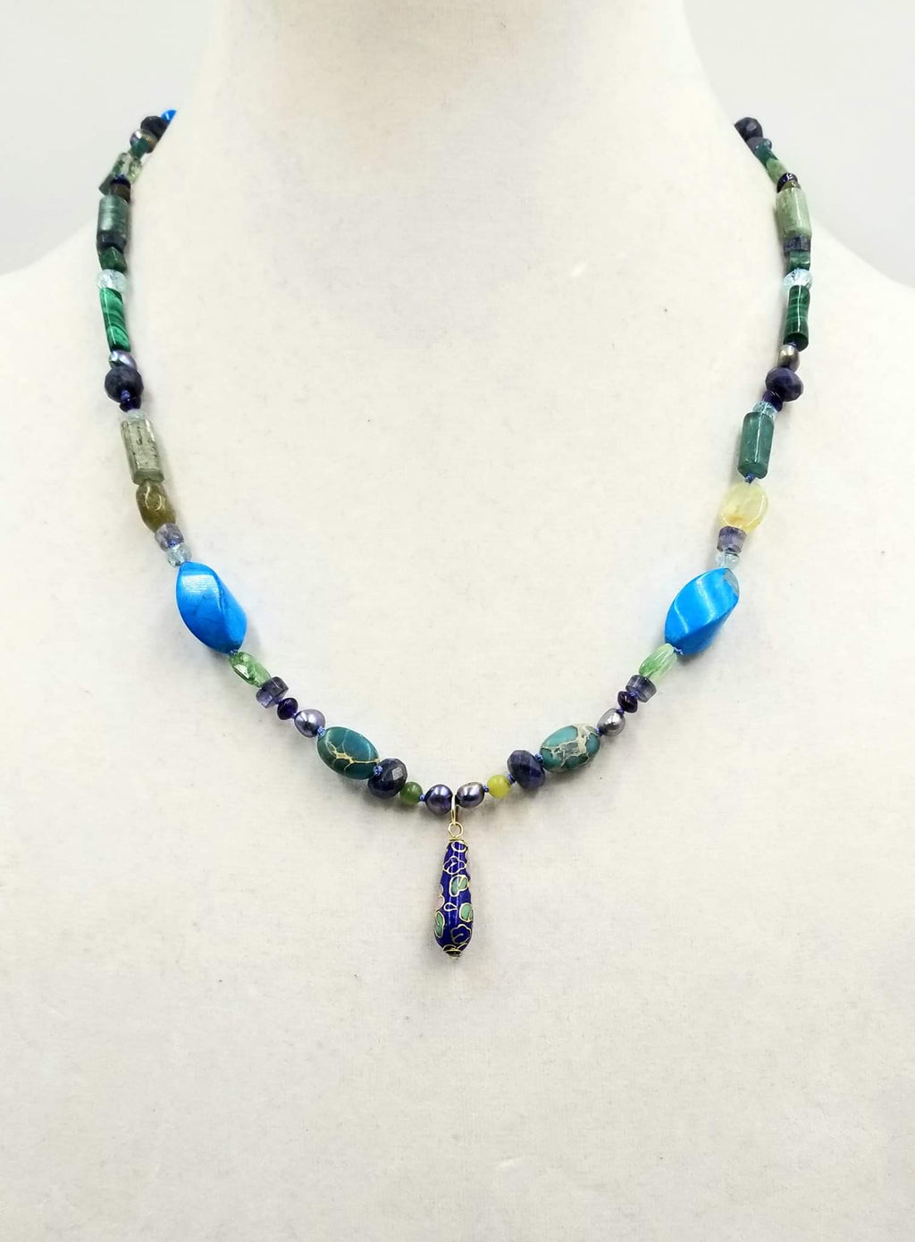 14K yellow gold, colorful multi-stone necklace with kyanite cloisonne pendant. 20-21.5" length. See list of stones below.