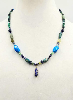 14K yellow gold, colorful multi-stone necklace with kyanite cloisonne pendant. 20-21.5