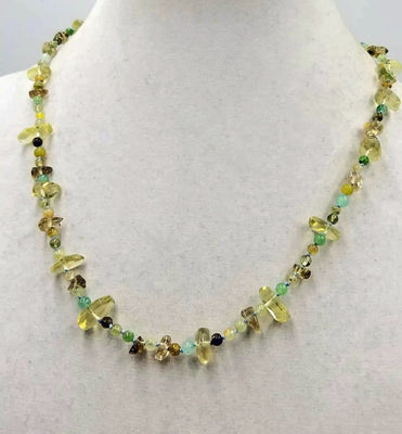 Celebrate spring. 14K Yellow Gold, tourmaline & citrine necklace with aventurine. Hand-knotted with sky blue silk. 21.25
