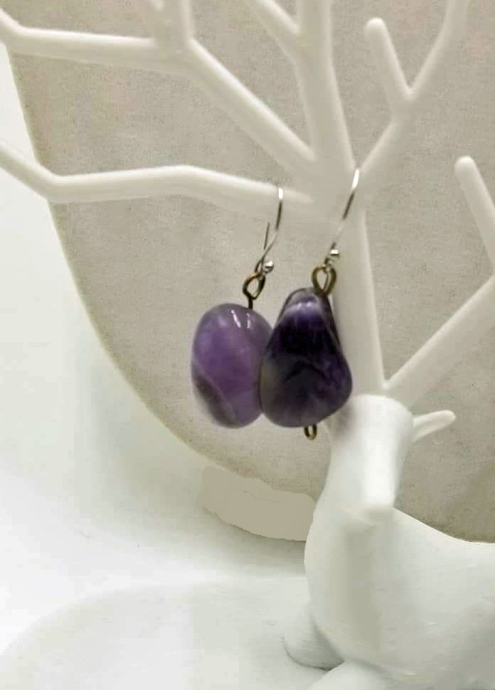 Vegan-wear. Very pretty. Sterling silver hooks and amethyst nugget dangles. For pierced ears.