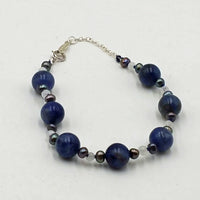 Necklace & bracelet set, sodalite, black pearl, moonstone, silk, sterling silver. 16inx7.5in