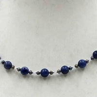 Necklace & bracelet set, sodalite, black pearl, moonstone, silk, sterling silver. 16inx7.5in