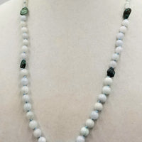 Beautiful jade! Sterling silver, adjustable, graduated vintage white jadeite & turquoise necklace hand-knotted with sky blue silk. 24.5" to 26.75"