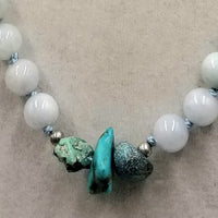 Beautiful jade! Sterling silver, adjustable, graduated vintage white jadeite & turquoise necklace hand-knotted with sky blue silk. 24.5" to 26.75"