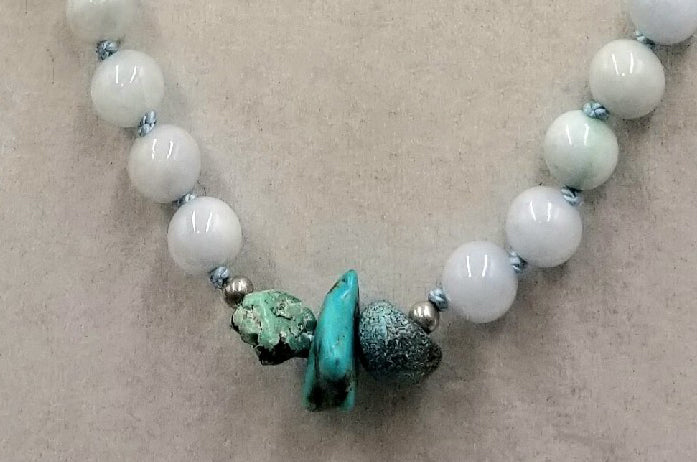 Beautiful jade! Sterling silver, adjustable, graduated vintage white jadeite & turquoise necklace hand-knotted with sky blue silk. 24.5" to 26.75"