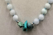Beautiful jade! Sterling silver, adjustable, graduated vintage white jadeite & turquoise necklace hand-knotted with sky blue silk. 24.5" to 26.75"