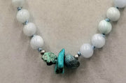 PRICE REDUCED Beautiful jade! Sterling silver, adjustable, graduated vintage white jadeite & turquoise necklace hand-knotted with sky blue silk. 24.5" to 26.75"