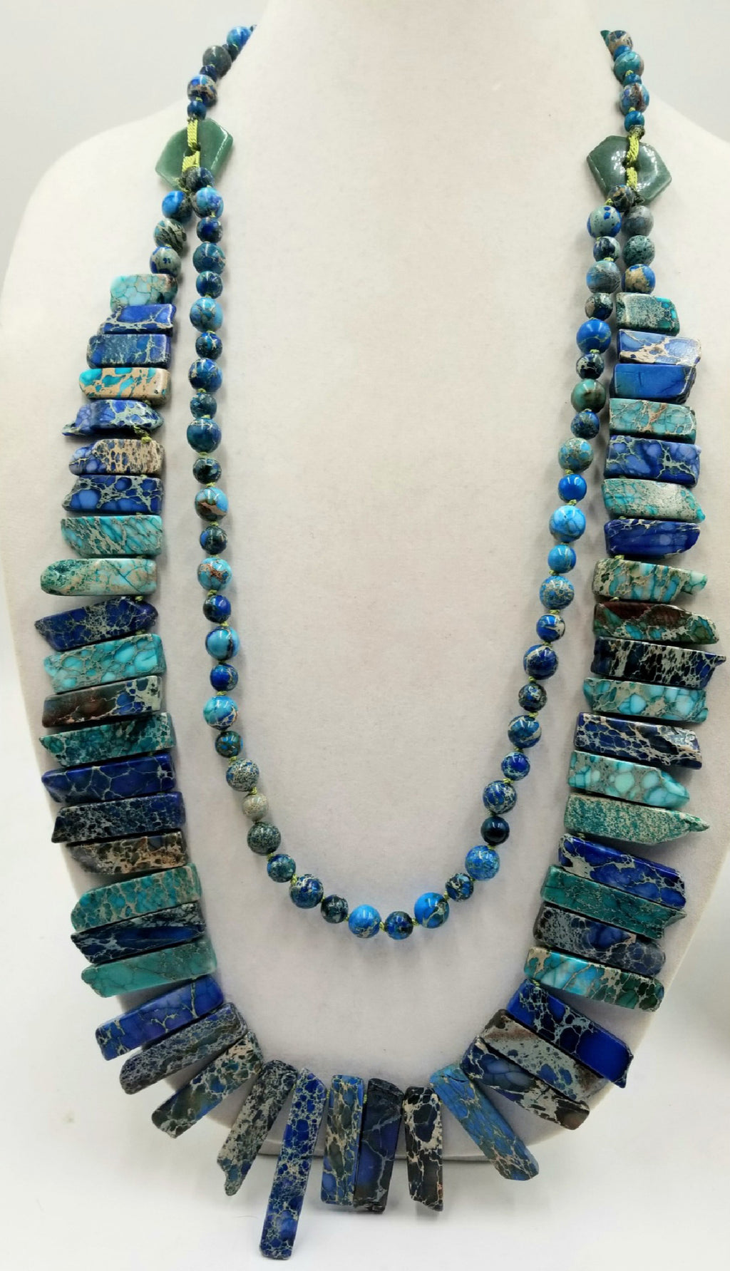 Monumental, adjustable, two-strand, dyed imperial jasper & aventurine pectoral collar on moss green silk. 28" to 32" length.