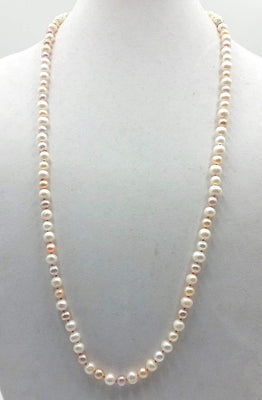 Stunning & Classic. Beige, pink, & white pearl rope necklace, crimson silk. 32